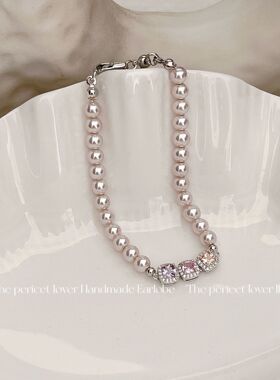 优雅气质曼塔玫瑰色珍珠方糖手链