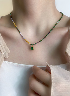 法式复古天然祖母绿色石头拼接串珠项链女国潮新中式高级感毛衣链