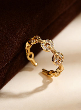 复古轻奢镶钻铜钱旺财开口女戒