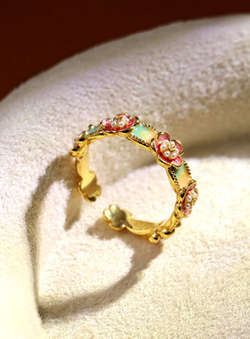 花开富贵轻奢新中式滴油珍珠花朵戒指女中古风气质渐变时尚食指戒