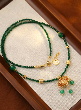 新中式玛瑙平安锁毛衣链轻奢高级感国风锦鲤玉髓项链春夏汉服配饰