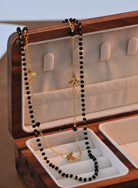 电镀四叶花黑曜石锁骨链女款