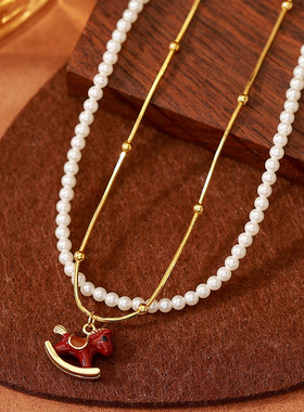 【汾红木马】红色滴油小马珍珠叠戴项链女气质毛衣链轻奢颈链