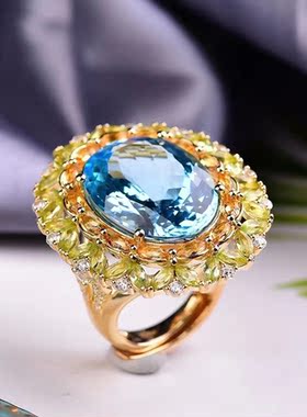 纯银镶嵌天然水晶托帕石戒指