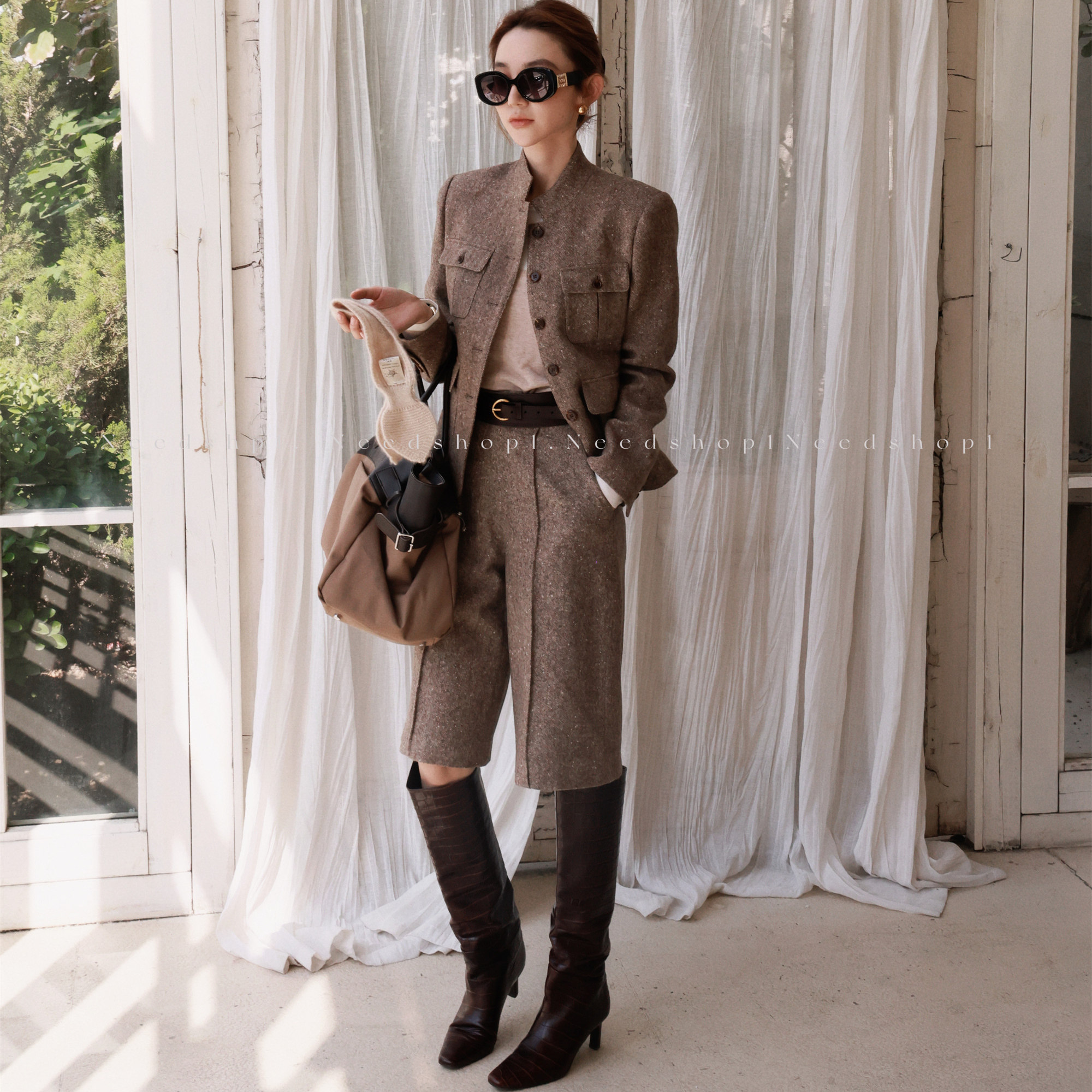 NeedShop1 秋季新款双色羊毛轻奢正肩立领羊毛外套+五分裤套装,淘宝优惠券,粉丝福利购,淘宝优惠卷