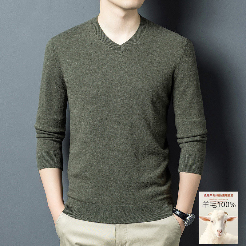 100%羊毛高档休闲商务打底衫不起球鸡心领毛衣加厚V领羊毛衫男款