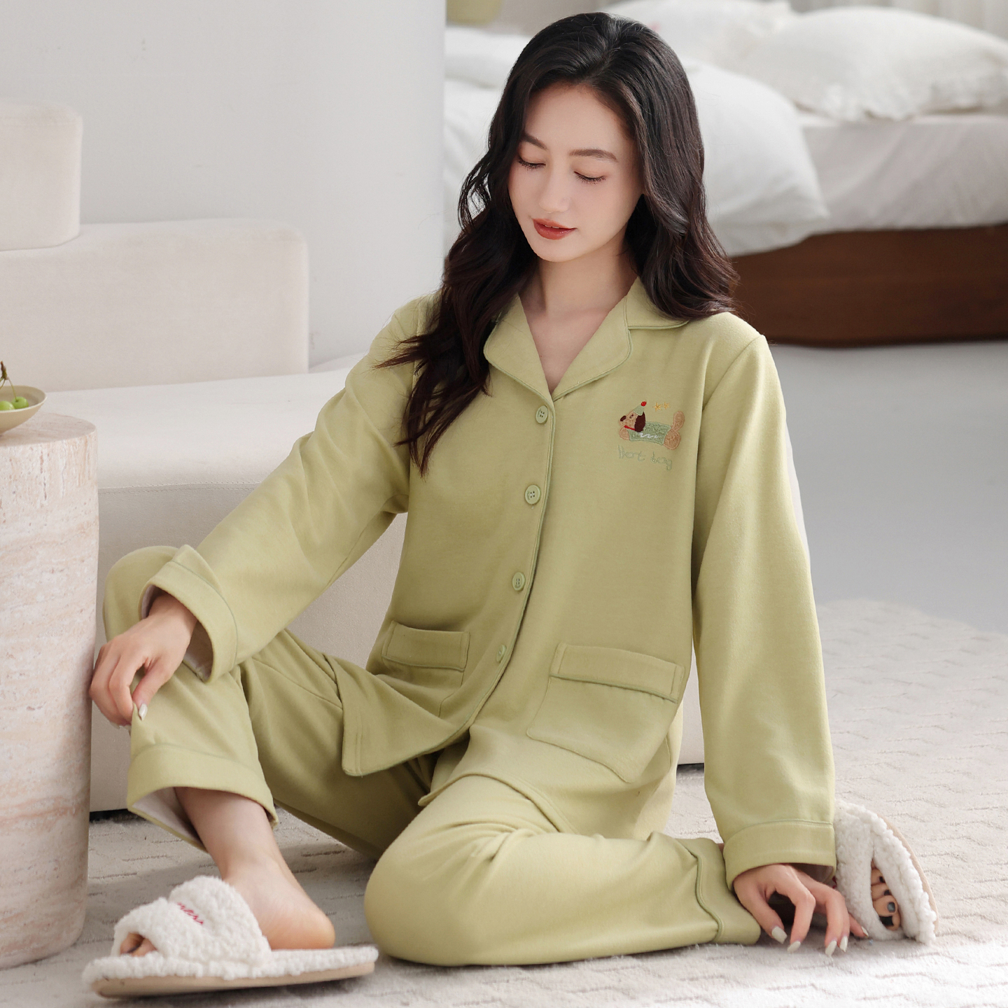 芬腾可安睡衣秋女款2025新款冬季薄绒加厚长袖大码绿家居服秋冬天 - 图3