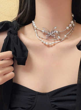 夏日出行高级感多层蝴蝶吊坠珍珠轻奢项链小众时尚甜美氛围锁骨链