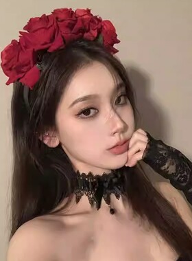 复古宫廷风红色玫瑰花发箍时尚高级感小众流行假花发卡拍照道具