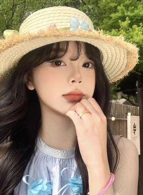 田园风拉菲草编织帽遮阳帽女夏季花朵度假海边大檐遮阳帽多巴胺