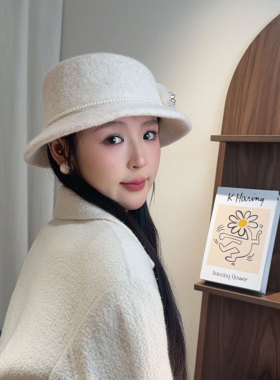 秋冬英伦羊毛呢花朵女渔夫帽