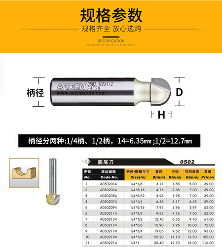 雅登圆底刀具电木铣修边雕刻机R铣刀木工圆头铣刀圆槽圆球形刀头 - 图1
