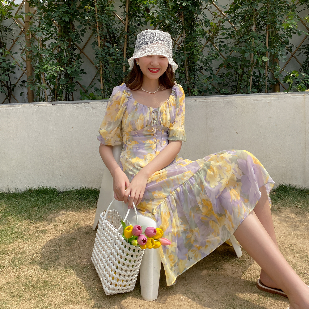 爱蔷薇紫色系列油画方领夏季连衣裙 爱蔷薇女装连衣裙