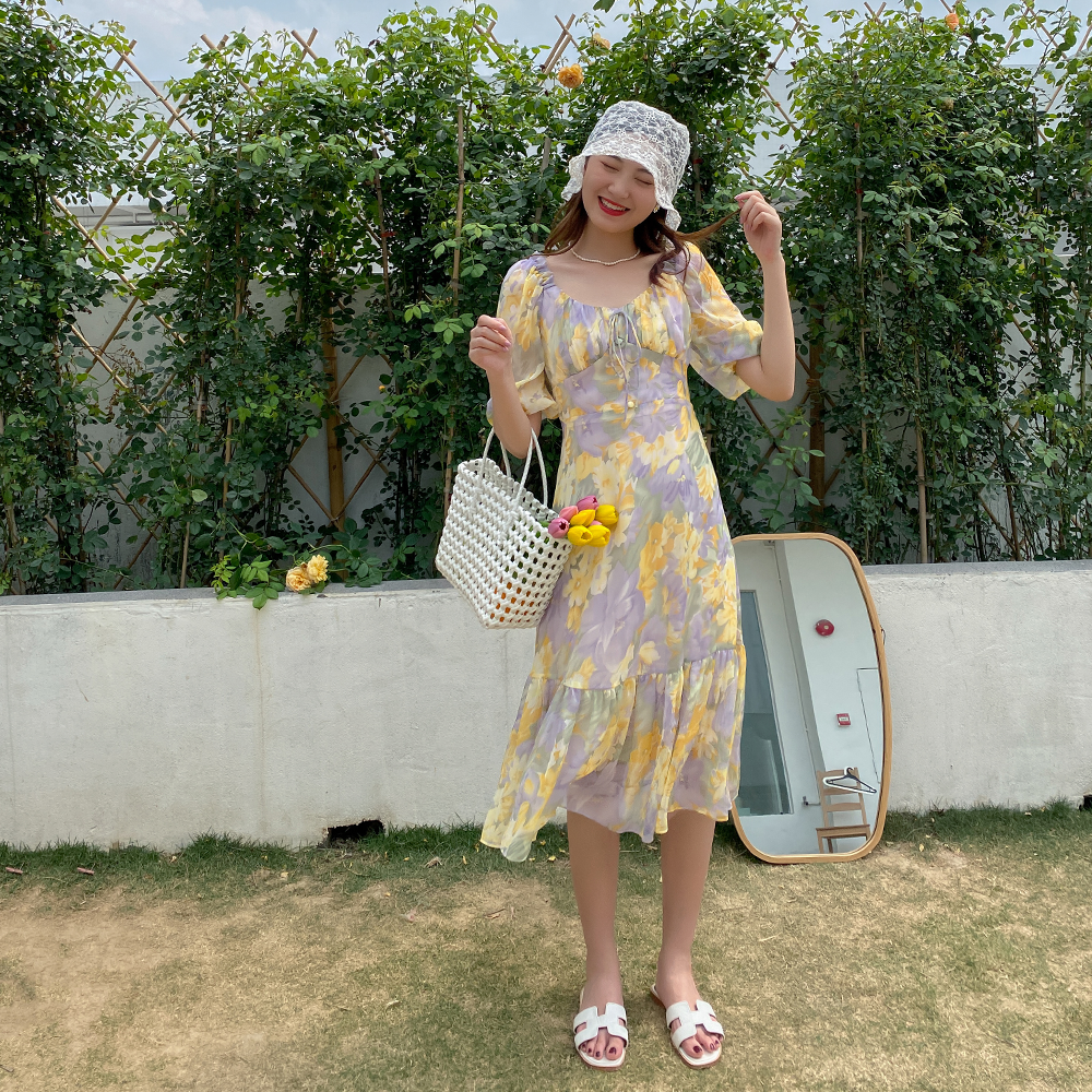 爱蔷薇紫色系列油画方领夏季连衣裙 爱蔷薇女装连衣裙