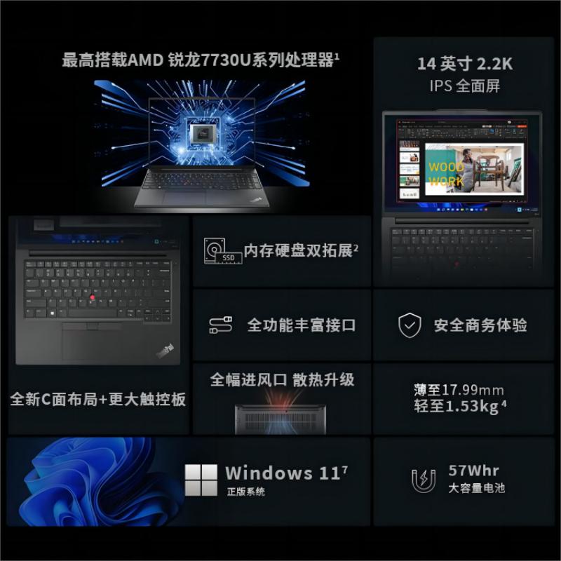 ThinkPad E14锐龙版 1TCD 2023版联想正品轻薄便携办公笔记本电脑