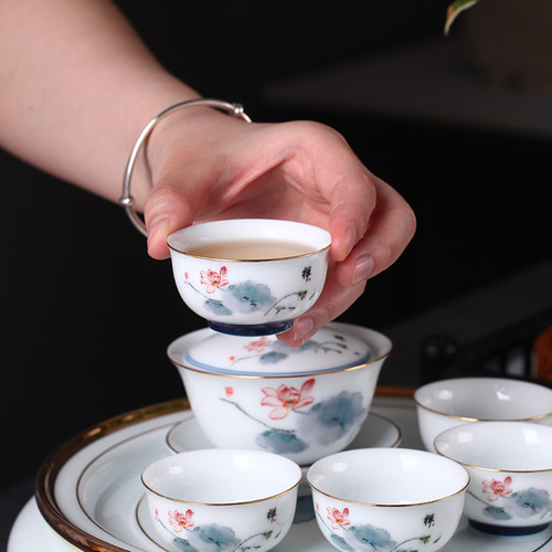 功夫茶具套装高档圆形陶瓷茶盘釉下手绘荷花整套茶具茶杯家用送礼 - 图2