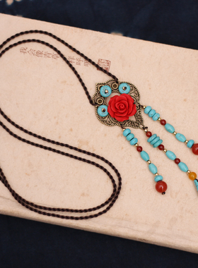 古风蓝色仿松石玫瑰流苏毛衣链