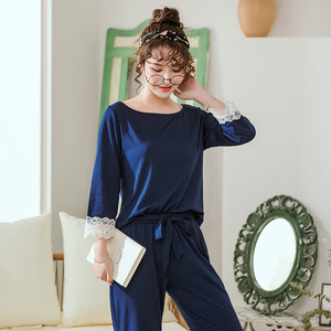 蕊诗莫代尔九分长袖睡衣两件套春秋休闲蕾丝花边家居服套装可外穿