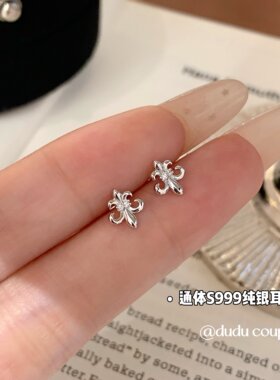 S999纯银鸢尾花耳钉养耳洞耳饰女