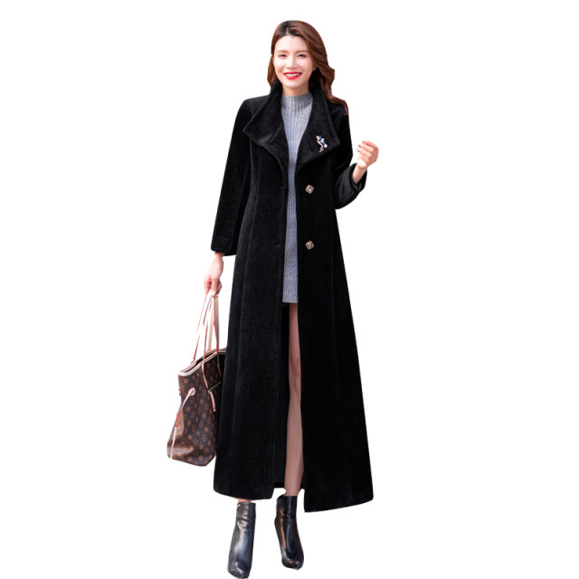 羊绒大衣女长款2022秋冬修身黑色羊剪绒大衣过膝加厚羊毛外套大衣