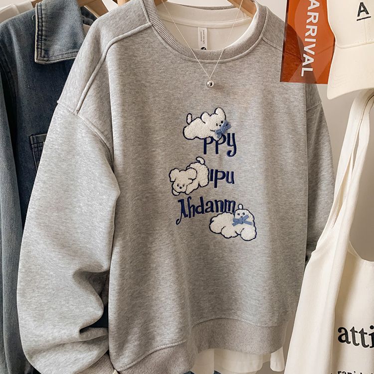 广州十三行重工植绒刺绣圆领卫衣女秋冬加绒加厚宽松慵懒长袖上衣 - 图0