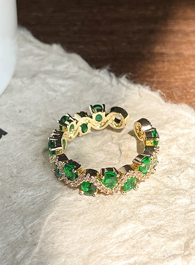 复古祖母绿锆石戒指女小众设计指环轻奢高级感开口可调节食指戒