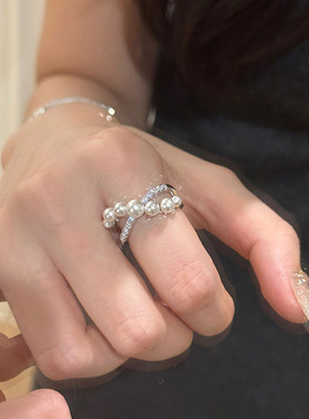 韩国新款不规则交叉满钻闪光珍珠戒指女复古设计感个性锆石指环