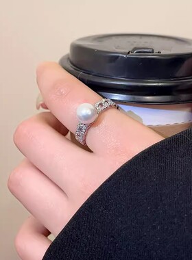 气质锆石珍珠戒指女2024新款小众设计食指戒轻奢指环可调节开口戒