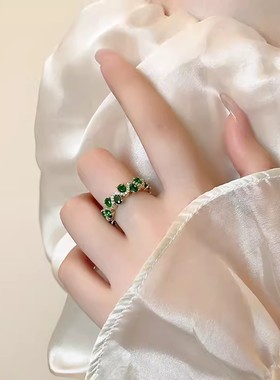 韩国新款复古祖母绿锆石开口戒指女小众设计指环轻奢高级感食指戒