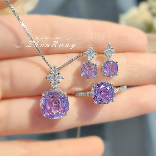 有米【八角玫瑰切彩宝套装】粉钻香槟钻苹果绿吊坠项链戒指耳钉 - 图0