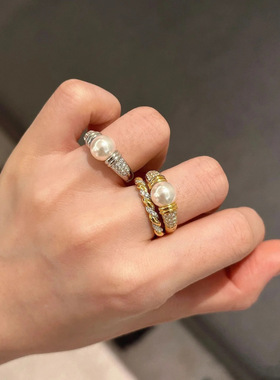 老钱风麻花珍珠戒指中古个性显白