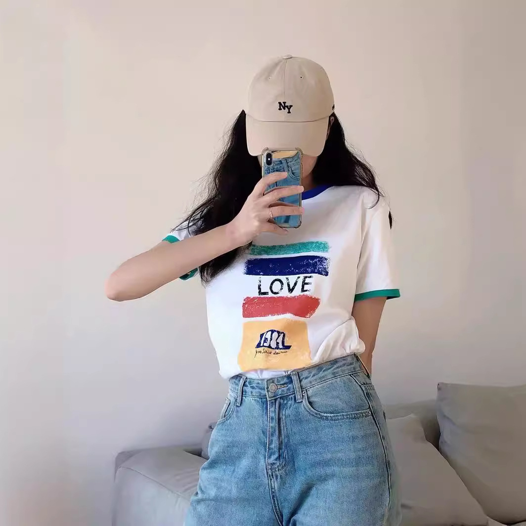 Love Blue Tee 1984粉刷特效印花蓝白撞色kpop纯棉T恤女夏季上衣T-图0