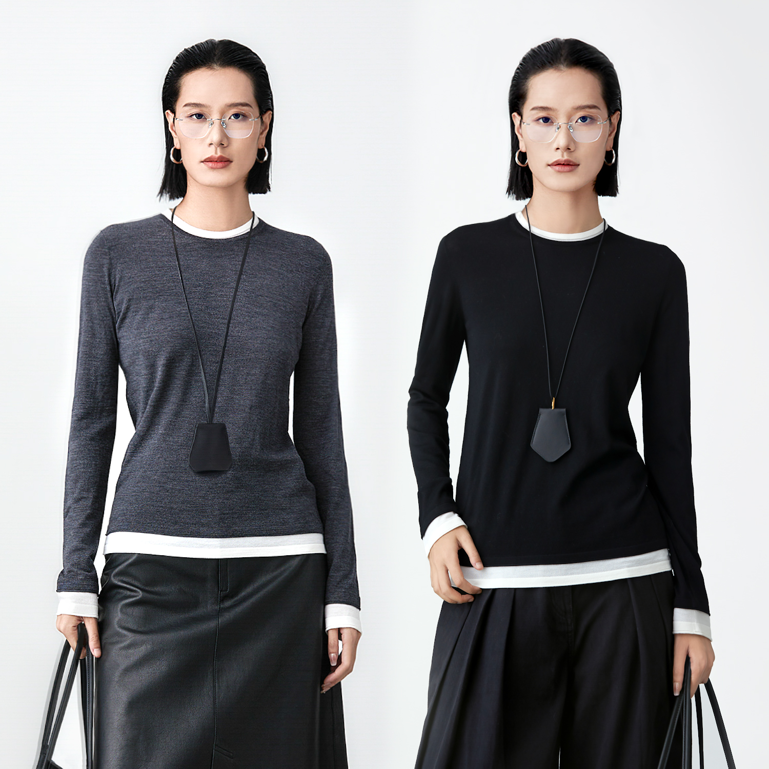 进口120S德国BIELLA黄金羊毛美丽诺打底衫撞色假两件针织衫女上衣 - 图2