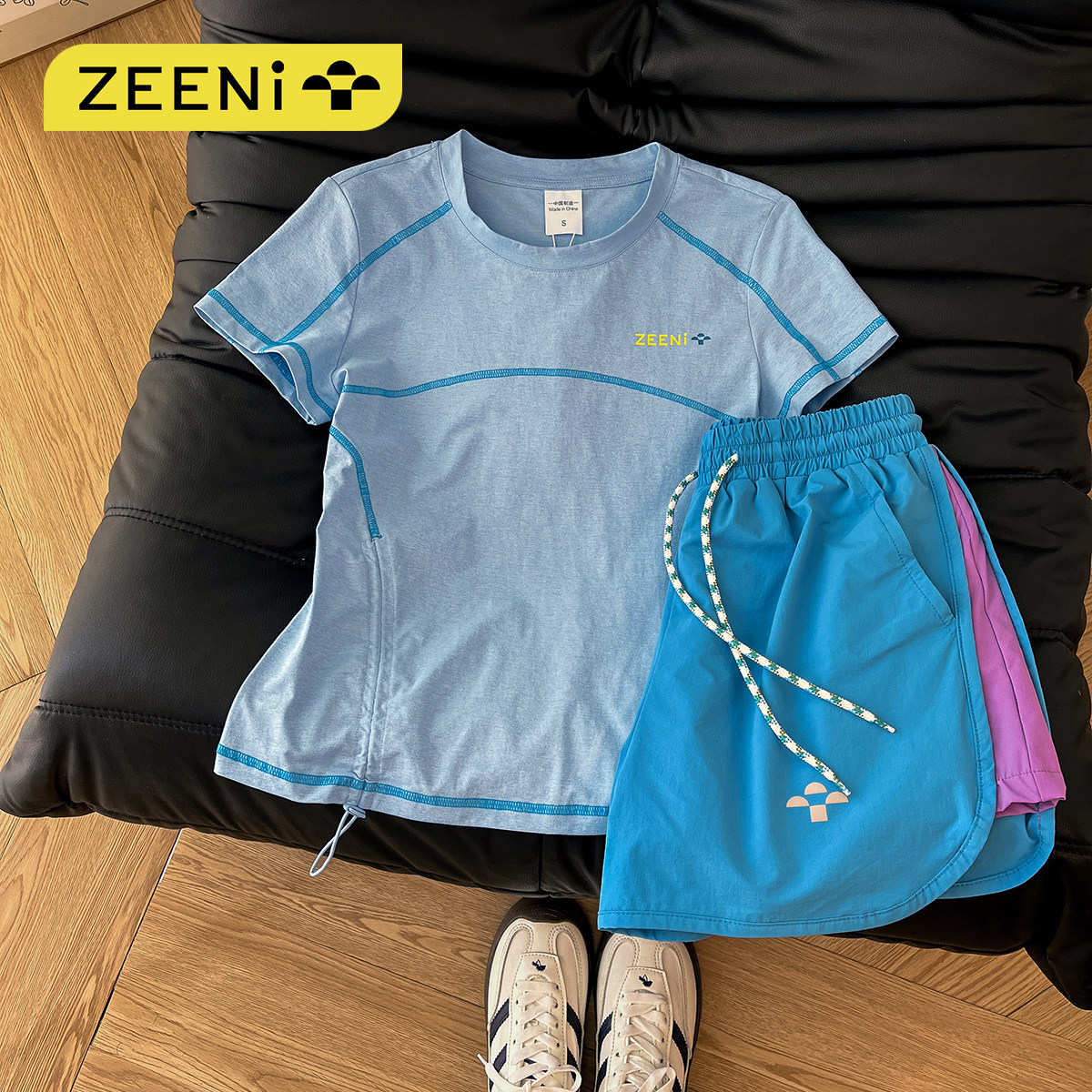 ZEENI 多巴胺冰凉感正肩短袖t恤女速干短裤户外骑行跑步运动套装,淘宝优惠券,粉丝福利购,淘宝优惠卷