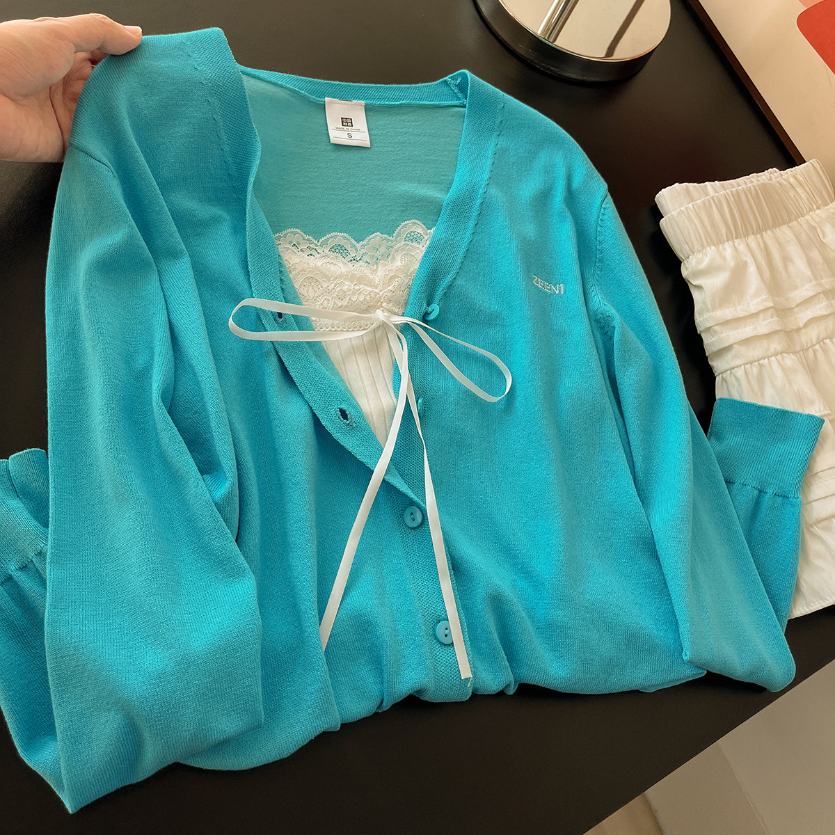 氧气松弛！韩系多巴胺蓝色针织开衫女蕾丝拼接系带小吊带早秋套装,淘宝优惠券,粉丝福利购,淘宝优惠卷