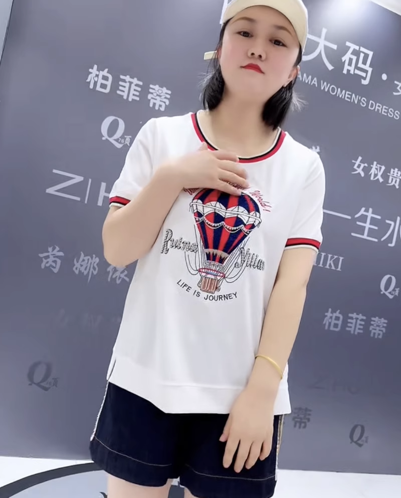 夏装新款芮娜依莲5967圆领T恤加大码女装胖妹妹宽松显瘦百搭短袖 - 图2