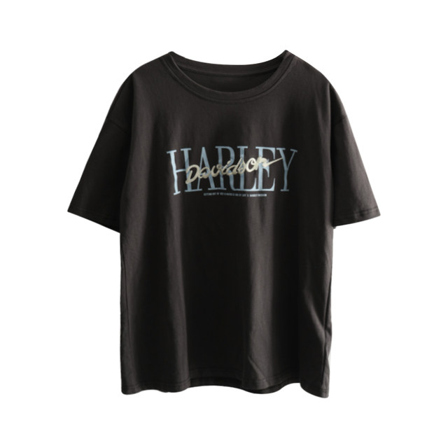 Embroidered printed letters dark gray short-sleeved T-shirt for women heavy industry blue embroidered round neck loose pullover top summer