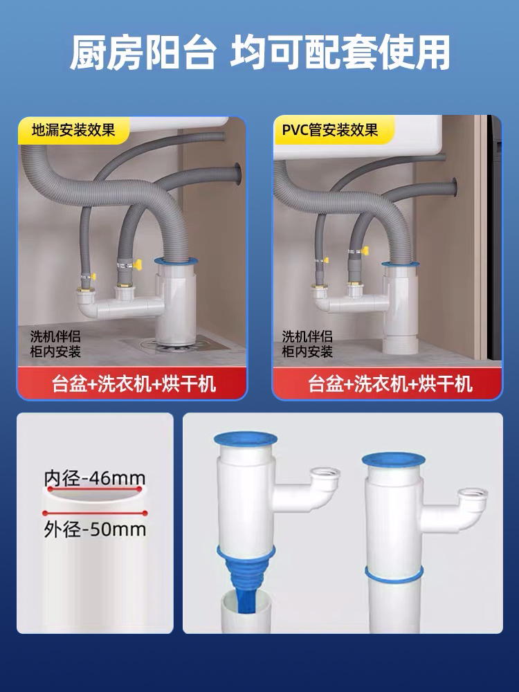 洗衣机烘干机下水管道地漏接头空调扫地机器人排水管防臭三通四通