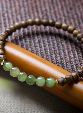 黄油一线沉香木搭配碧玉新中式国风手串文艺简约素圈国风手链