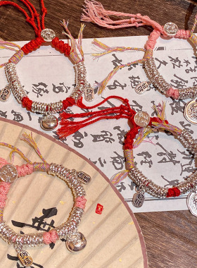 新中式古法藏式盘缠彩绳做旧风手链独特设计招财元宝编制手串批发