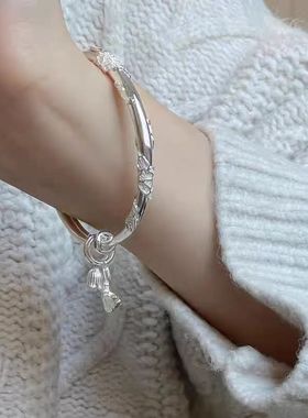 白铜镀厚银繁花似锦花丝手镯花蕊蝴蝶铃铛手环推拉款实心学生镯子