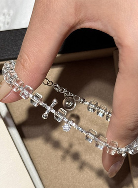 小红书爆款方糖原创珍珠高亮药片直切白水晶手链碎银子高级感手串