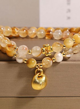 天然黄塔晶双圈手链虎眼石串珠手串水晶新中式小胖福黄水晶手