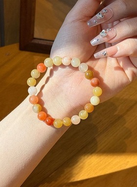 新中式天然金丝玉石手链女复古民族风彩色单圈串珠手串春夏季