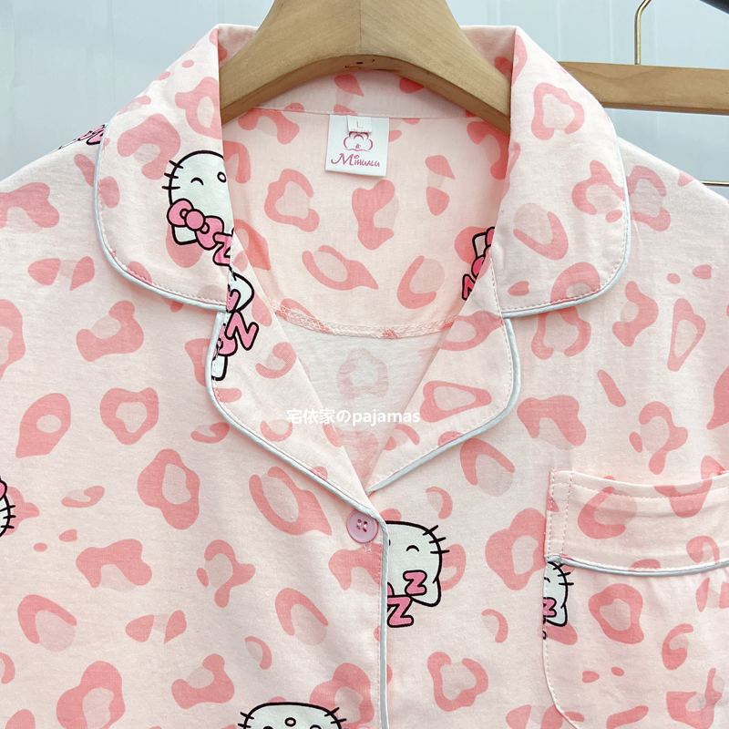 HelloKitty睡衣女夏季薄款纯棉短袖两件套日系甜美可爱豹纹家居服 - 图1