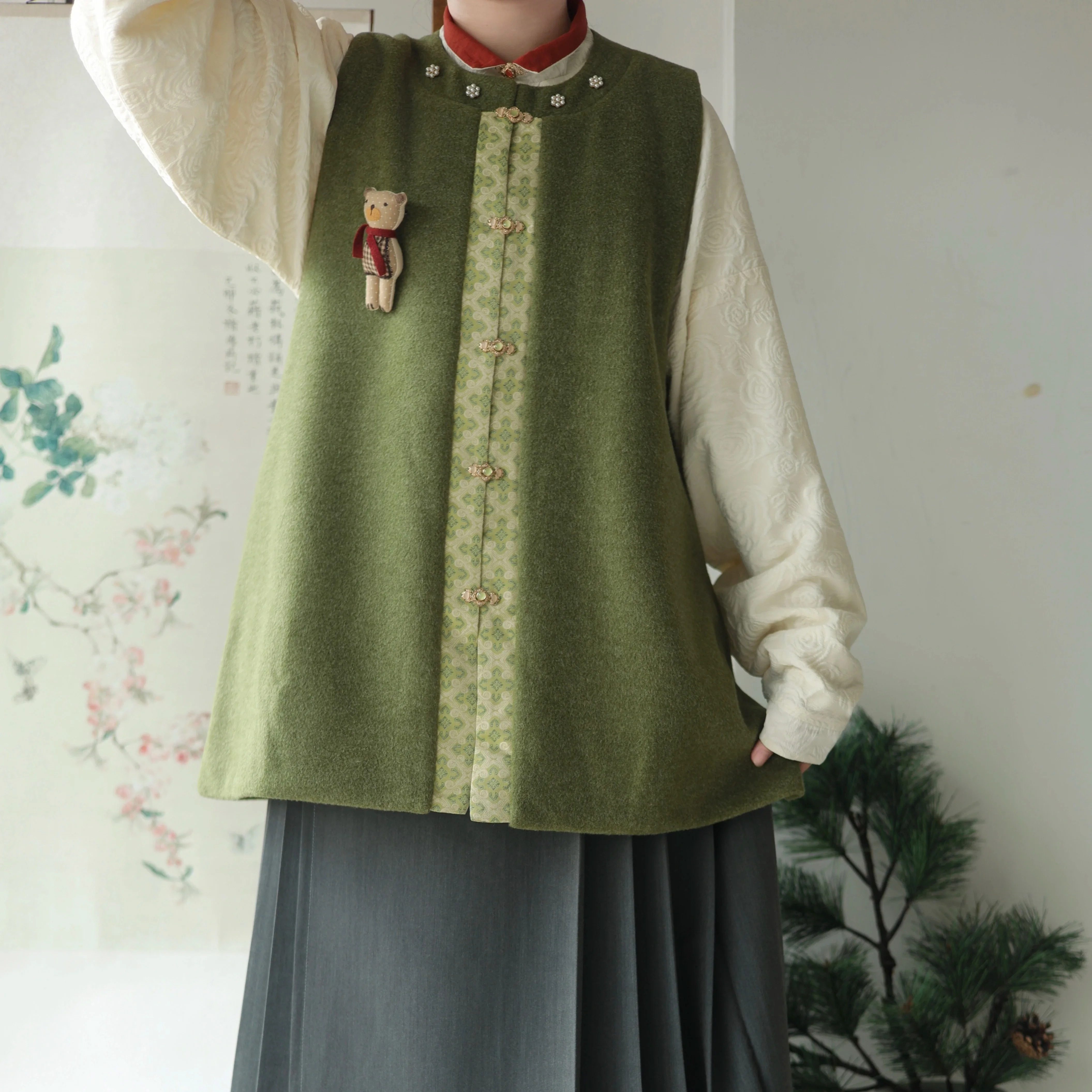 西辞记杏色玫瑰立领袄弓袋袖马甲加绒对襟汉服冬季厚款马面裙,淘宝优惠券,粉丝福利购,淘宝优惠卷