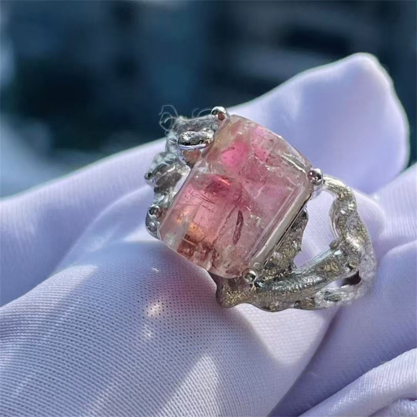 天然水晶包裹体粉碧玺矿物裸石银镶嵌戒指活口可调节饰品礼物,淘宝优惠券,粉丝福利购,淘宝优惠卷
