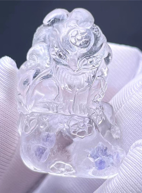 天然水晶全包裹蓝萤石矿雕刻九尾狐狸男女款毛衣项链挂件吊坠特惠