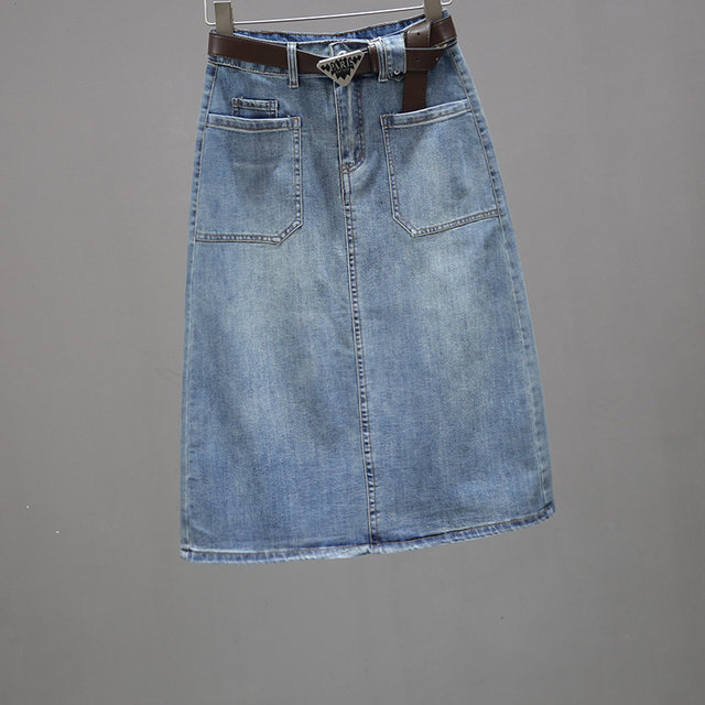 Mid-length denim skirt, versatile skirt that looks slimming