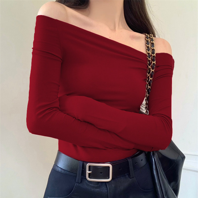 辣妹一字肩露肩锁骨长袖打底T恤女内搭秋季性感修身短款气质上衣,淘宝优惠券,粉丝福利购,淘宝优惠卷
